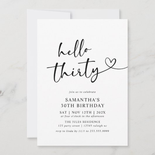 Modern Hello Thirty Black and White 30th Birthday 招待状 (正面)