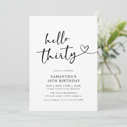 Modern Hello Thirty Black and White 30th Birthday 招待状 (スタンド正面)