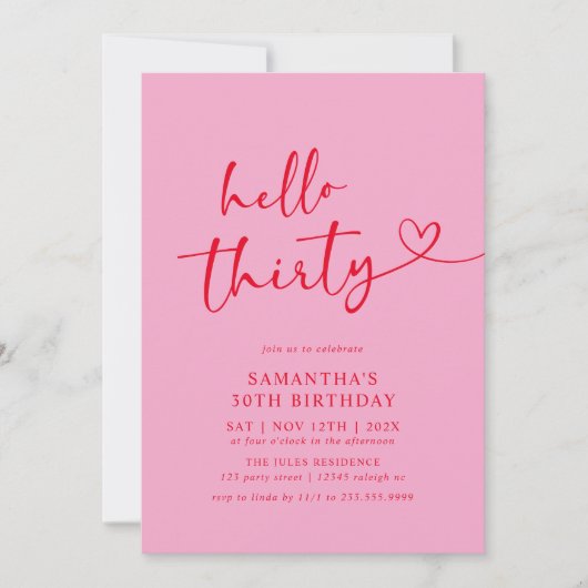 Modern Hello Thirty Pink and Red 30th Birthday 招待状 (正面)