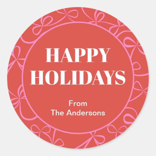 Modern Holiday Bold Red & Pink Ribbon Pattern ラウンドシール (正面)