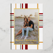Modern Holiday Plaid Portrait Photo Card 箔シーズンカード (正面)