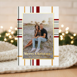Modern Holiday Plaid Portrait Photo Card 箔シーズンカード