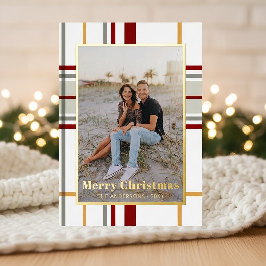 Modern Holiday Plaid Portrait Photo Card 箔シーズンカード