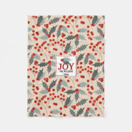 Modern Holly Berry Christmas Botanical Joy Family フリースブランケット