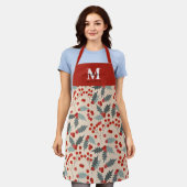 Modern Holly Berry Christmas Botanical Monogram エプロン (着用した状態)
