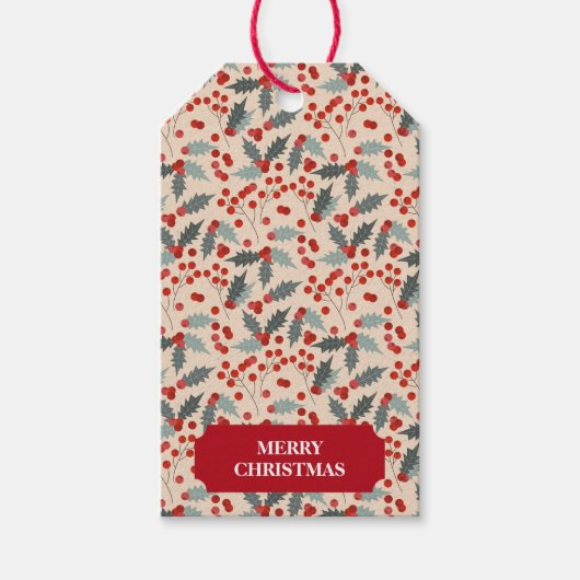 Modern Holly Berry Christmas Botanical Pattern ギフトタグ (正面)