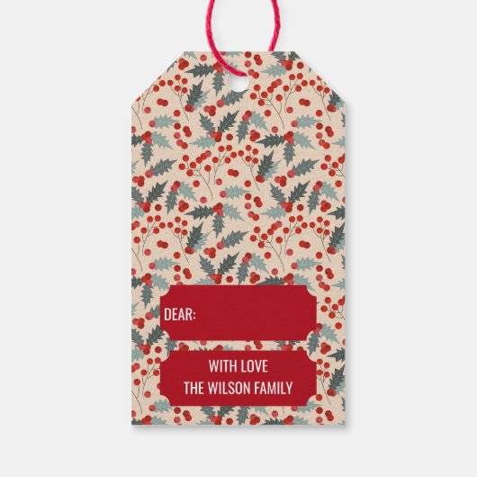 Modern Holly Berry Christmas Botanical Pattern ギフトタグ (裏面)