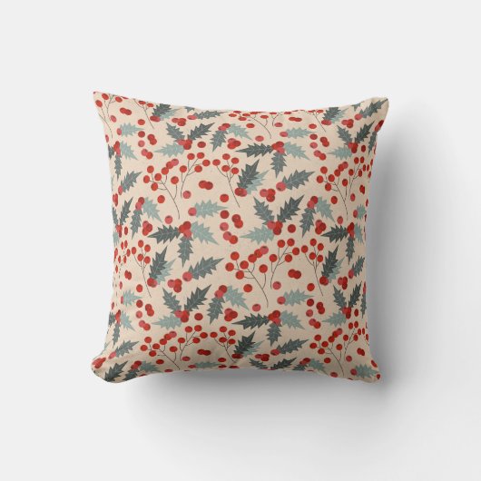 Modern Holly Berry Christmas Botanical Pattern クッション (正面)