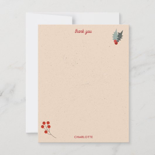 Modern Holly Berry Christmas Botanical Pattern サンキューカード (正面)