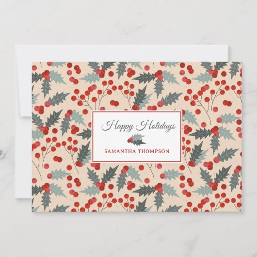 Modern Holly Berry Christmas Botanical Pattern シーズンカード (正面)