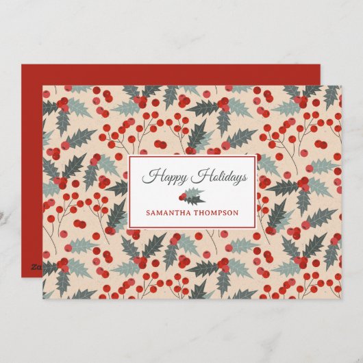 Modern Holly Berry Christmas Botanical Pattern シーズンカード (正面/裏面)