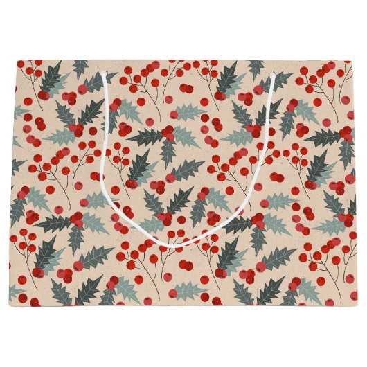 Modern Holly Berry Christmas Botanical Pattern ラージペーパーバッグ (正面)