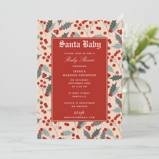 Modern Holly Berry Santa Baby Shower 招待状 (スタンド正面)