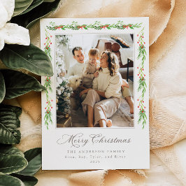 Modern Holly Garland Merry Christmas Photo Card 招待状