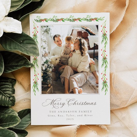 Modern Holly Garland Merry Christmas Photo Card 招待状