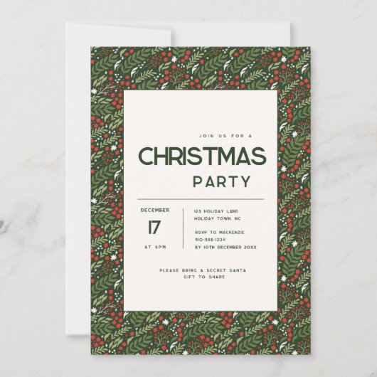 Modern Holly Leaf Christmas Party Invitation 招待状 (正面)