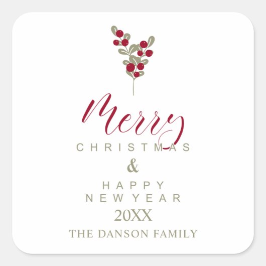 Modern Holly Minimalist Christmas Happy New Year スクエアシール (正面)