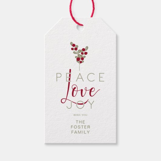 Modern Holly Minimalist Christmas Peace Love Joy ギフトタグ (正面)
