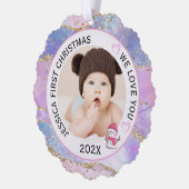 Modern Holographic Baby Girl First Christmas Photo オーナメントカード (左)