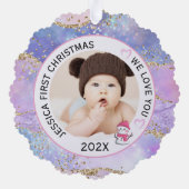 Modern Holographic Baby Girl First Christmas Photo オーナメントカード (裏面)
