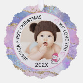 Modern Holographic Baby Girl First Christmas Photo オーナメントカード (正面)
