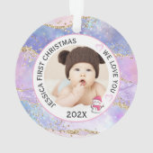 Modern Holographic Baby Girl First Christmas Photo オーナメント (裏面)