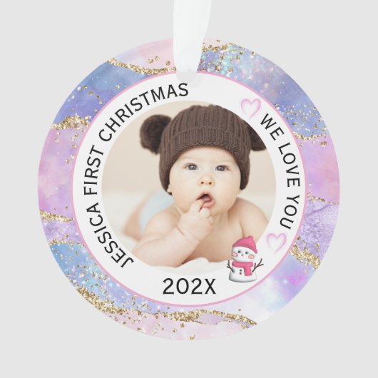 Modern Holographic Baby Girl First Christmas Photo オーナメント (正面)