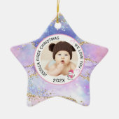 Modern Holographic Baby Girl First Christmas Photo セラミックオーナメント (正面)