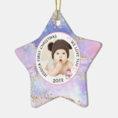 Modern Holographic Baby Girl First Christmas Photo セラミックオーナメント (左)