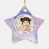 Modern Holographic Baby Girl First Christmas Photo セラミックオーナメント (裏面)