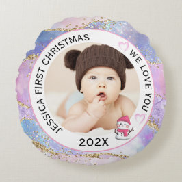 Modern Holographic Baby Girl First Christmas Photo ラウンドクッション