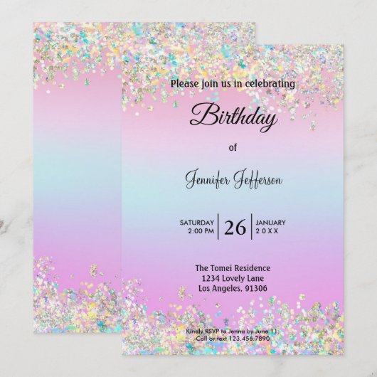 Modern holographic Birthday invitation 招待状 (正面/裏面)