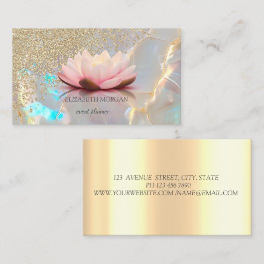 Modern Holographic Gold Diamonds Lotus Opal Stone 名刺 (正面/裏面)