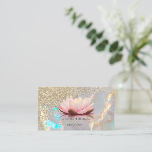 Modern Holographic Gold Diamonds Lotus Opal Stone 名刺 (スタンド正面)