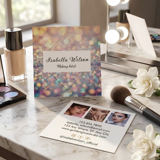 Modern Holographic Makeup Artist Glitter スクエア名刺