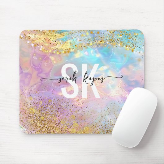 Modern holographic opal stone iridescent monogram  マウスパッド (マウス)