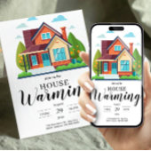 Modern Home Illustration Green Brown Housewarming 招待状