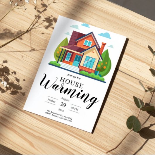 Modern Home Illustration Green Brown Housewarming 招待状