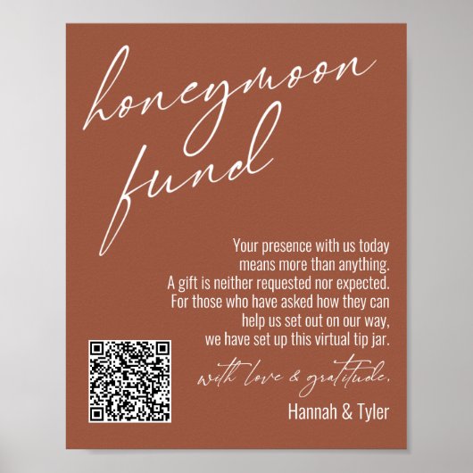 Modern Honeymoon Fund QR Code Terracotta Sign ポスター (正面)