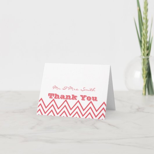 Modern Honeysuckle Pink Chevron Wedding Thank You サンキューカード (正面)