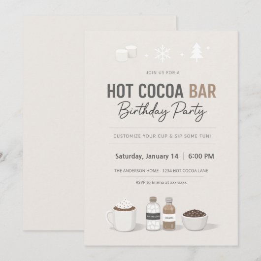 Modern Hot Cocoa Bar Birthday Invitation 招待状 (正面/裏面)