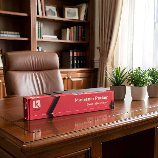 Modern Hot Pink Black Custom Logo Office デスクネームプレート