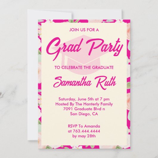 Modern Hot Pink Ivory Floral Graduation Party 招待状 (正面)