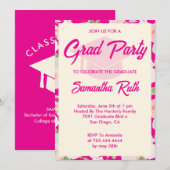 Modern Hot Pink Ivory Floral Graduation Party 招待状 (正面/裏面)