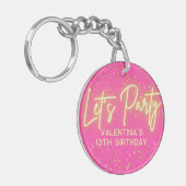 Modern Hot Pink Neon Glowing Let's Party Birthday キーホルダー (正面左)