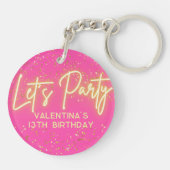 Modern Hot Pink Neon Glowing Let's Party Birthday キーホルダー (裏面)