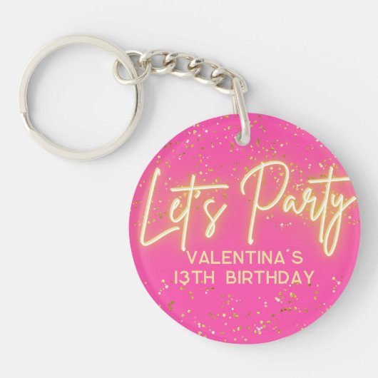 Modern Hot Pink Neon Glowing Let's Party Birthday キーホルダー (正面)