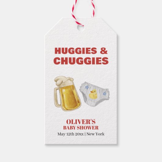 Modern Huggies Chuggies Beer Diaper Baby Shower ギフトタグ (正面)
