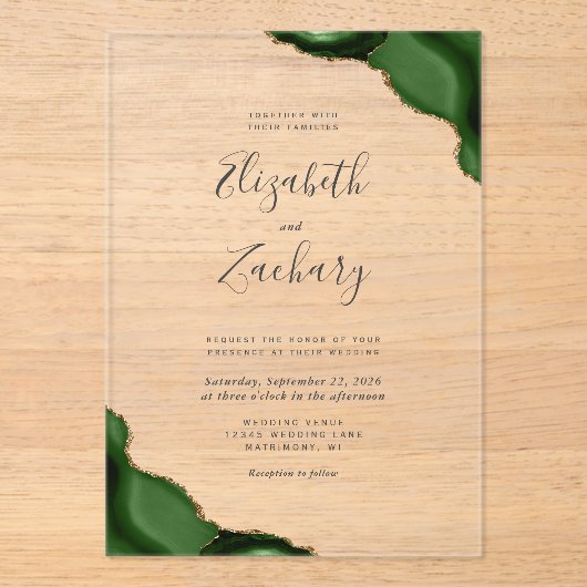 Modern Hunter Green Gold Agate Corners Wedding アクリル招待状 (正面)