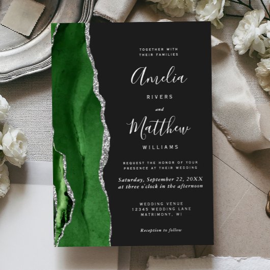 Modern Hunter Green Silver Agate Dark Wedding 箔招待状